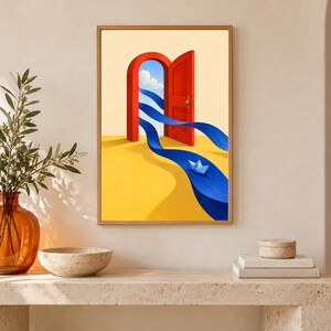 May include: A framed wall art print featuring a red arched door standing on a yellow surface. A blue ribbon-like stream flows from the open door across the yellow ground, carrying a small white paper boat toward the viewer under a blue sky.
