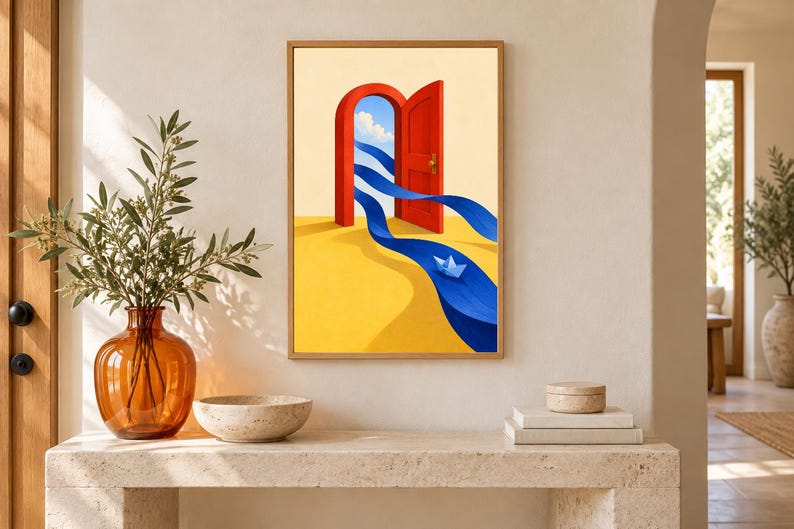 May include: A framed wall art print featuring a red arched door standing on a yellow surface. A blue ribbon-like stream flows from the open door across the yellow ground, carrying a small white paper boat toward the viewer under a blue sky.