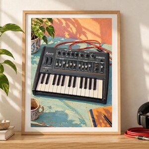 Op de afbeelding: Een ingelijste print van een analoge Arturia MiniBrute synthesizer met een zwarte behuizing, witte en zwarte toetsen en diverse bedieningsknoppen en schuifregelaars. Een rode audiokabel is verbonden met het apparaat op een blauwe ondergrond.
