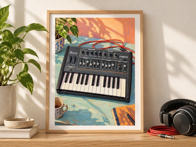 Op de afbeelding: Een ingelijste print van een analoge Arturia MiniBrute synthesizer met een zwarte behuizing, witte en zwarte toetsen en diverse bedieningsknoppen en schuifregelaars. Een rode audiokabel is verbonden met het apparaat op een blauwe ondergrond.