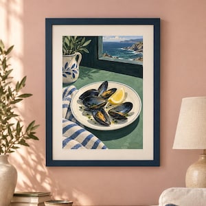 May include: A framed art print depicting a plate of cooked mussels with a lemon wedge, a blue and white striped cloth, and a ceramic pitcher on a green surface. The scene includes a window view of a rocky coastline and the blue ocean.