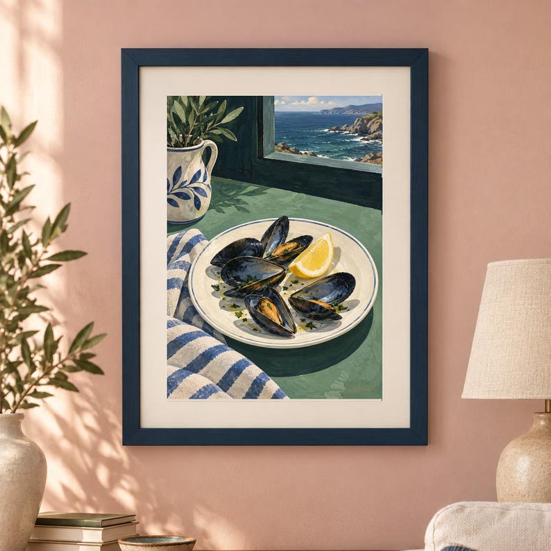 May include: A framed art print depicting a plate of cooked mussels with a lemon wedge, a blue and white striped cloth, and a ceramic pitcher on a green surface. The scene includes a window view of a rocky coastline and the blue ocean.