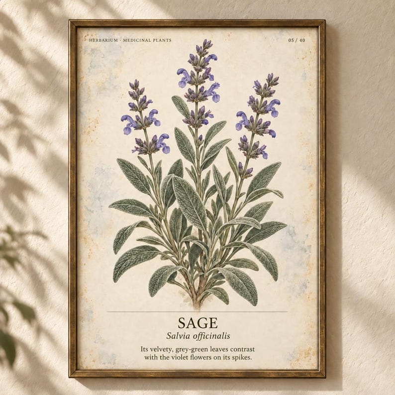 Op de afbeelding: Een ingelijste botanische print van een salieplant met grijsgroene bladeren en paarse bloemen. De tekst luidt HERBARIUM MEDICINAL PLANTS 05/40, SAGE, Salvia officinalis, met een beschrijving van de fluweelachtige bladeren en violette bloemaren.