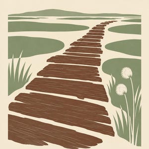Puede incluir: Una impresi&oacute;n de arte gr&aacute;fico que muestra un camino de pasarela de madera marr&oacute;n que se extiende hacia un paisaje de marismas verdes y colinas lejanas. La escena incluye plantas blancas esponjosas a la derecha y el texto LONGFORD abajo.