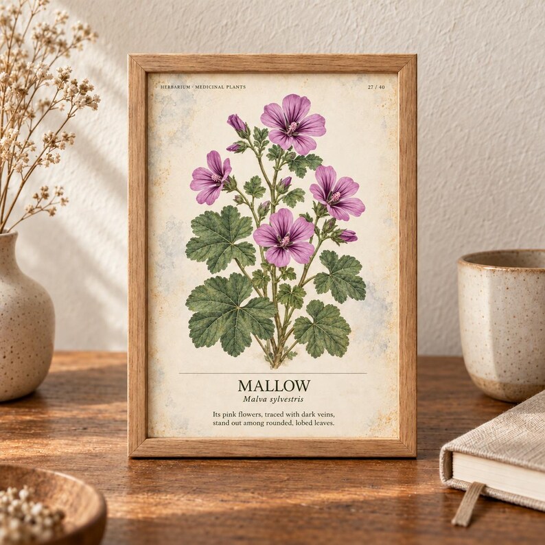 Op de afbeelding: Een ingelijste botanische print met een gedetailleerde illustratie van een kaasjeskruidplant met roze bloemen en groene gelobde bladeren. De tekst luidt: HERBARIUM MEDICINAL PLANTS, 27/40, MALLOW, Malva sylvestris, en een beschrijving van de kenmerken.