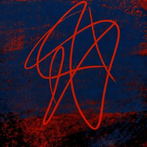 May include: A rectangular artwork featuring a dark navy blue and black textured background with a distressed, mottled appearance. Overlaid on this surface is a single, continuous, bright red line forming an abstract, tangled, and looping scribble.