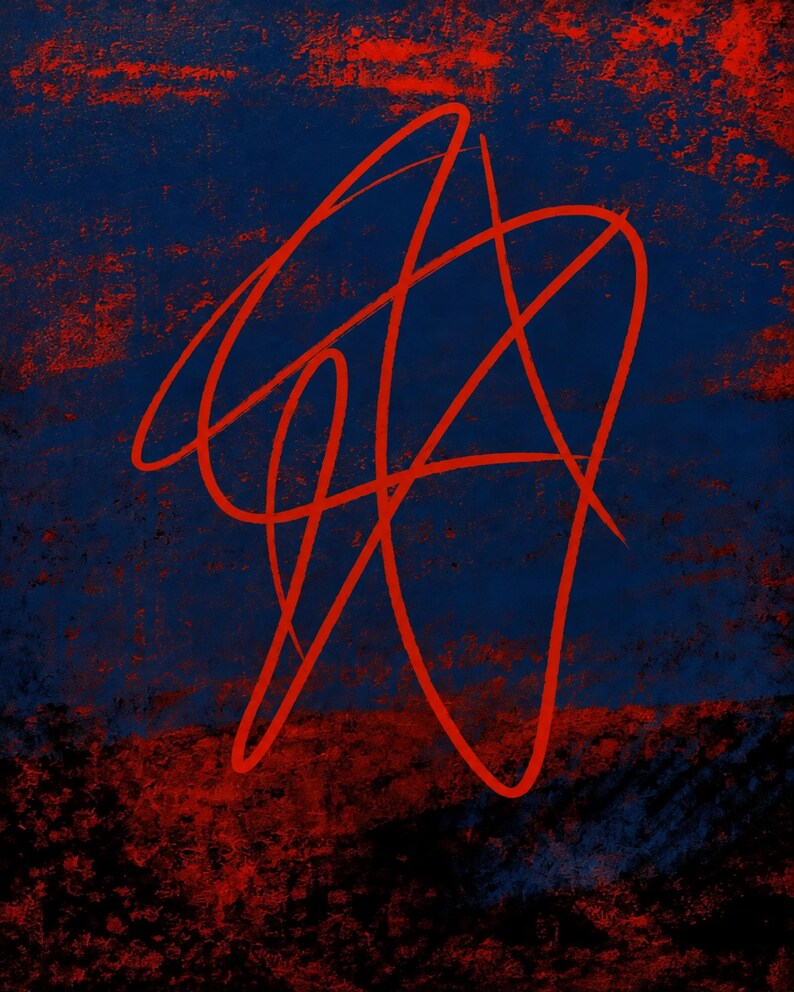 May include: A rectangular artwork featuring a dark navy blue and black textured background with a distressed, mottled appearance. Overlaid on this surface is a single, continuous, bright red line forming an abstract, tangled, and looping scribble.