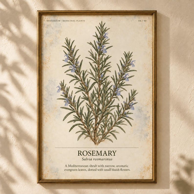 May include: A framed botanical print featuring a rosemary plant with dark green needle-like leaves and small light blue flowers. The cream-colored background has a textured appearance with the text HERBARIUM - MEDICINAL PLANTS, ROSEMARY, Salvia rosmarinus, and a descriptive paragraph printed in black.