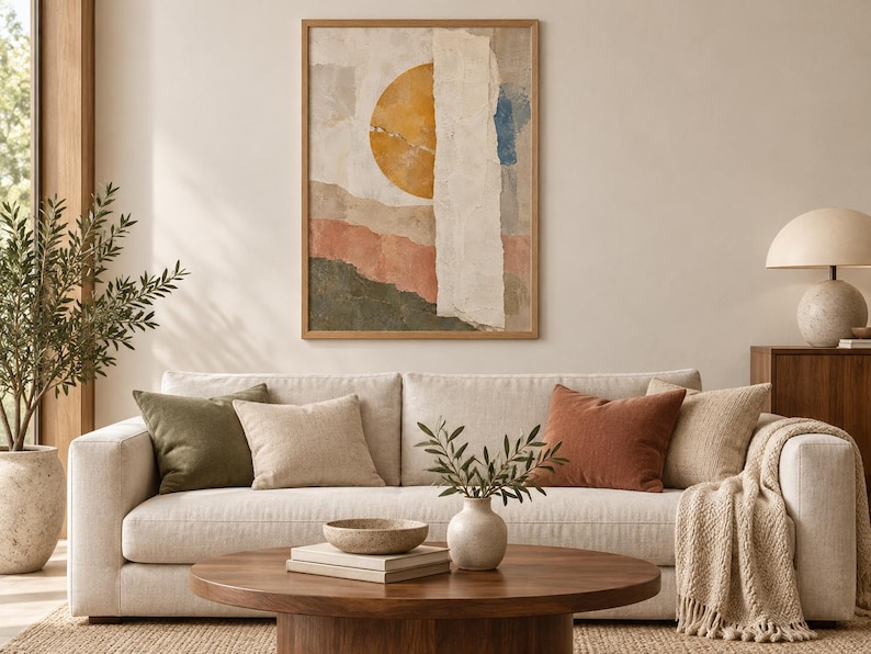 Puede incluir: Una pieza de arte mural rectangular en un marco de madera que presenta una composici&oacute;n abstracta con un gran c&iacute;rculo amarillo, una franja vertical blanca texturizada y bandas horizontales en tonos verde, rosa y azul sobre un fondo neutro.