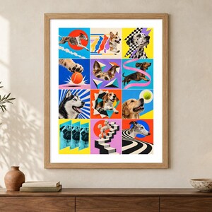 May include: A framed wall art print featuring a grid of twelve colourful panels, each displaying a different dog breed in a stylised, graphic composition. The artwork includes various dogs such as a husky, pug, and beagle, set against vibrant backgrounds with geometric shapes, patterns, and bright, saturated colours.