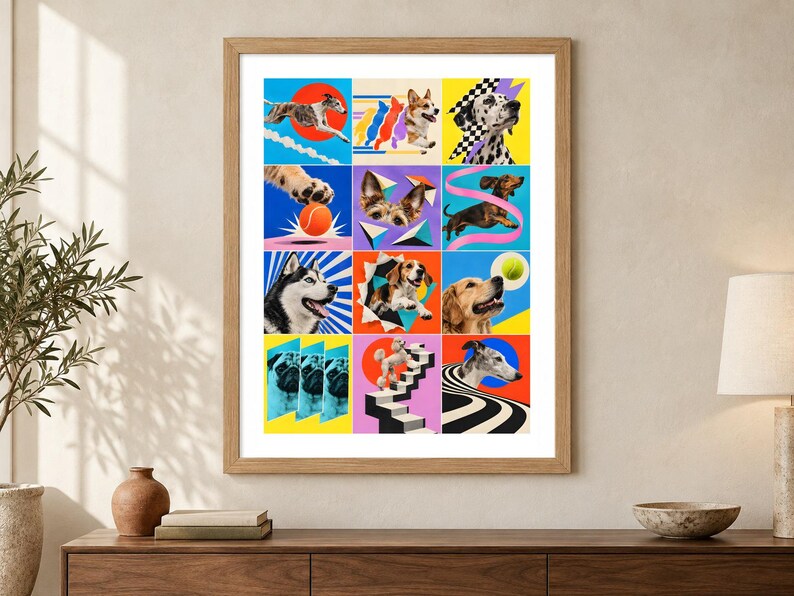May include: A framed wall art print featuring a grid of twelve colourful panels, each displaying a different dog breed in a stylised, graphic composition. The artwork includes various dogs such as a husky, pug, and beagle, set against vibrant backgrounds with geometric shapes, patterns, and bright, saturated colours.