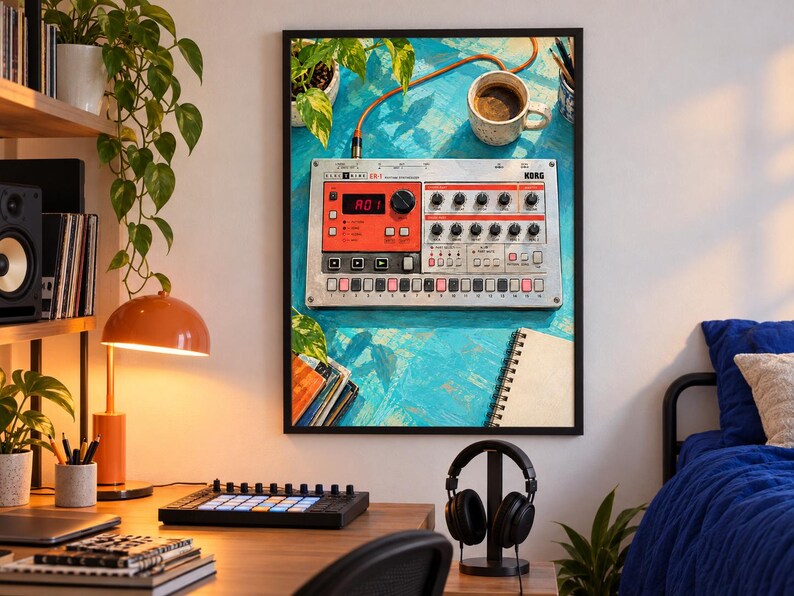 Puede incluir: Una impresi&oacute;n de arte de pared enmarcada que muestra una caja de ritmos Korg Electribe ER-1 sobre una superficie azul texturizada, acompa&ntilde;ada de una taza de caf&eacute;, un cuaderno y una planta, exhibida en una habitaci&oacute;n con escritorio, l&aacute;mpara y auriculares.