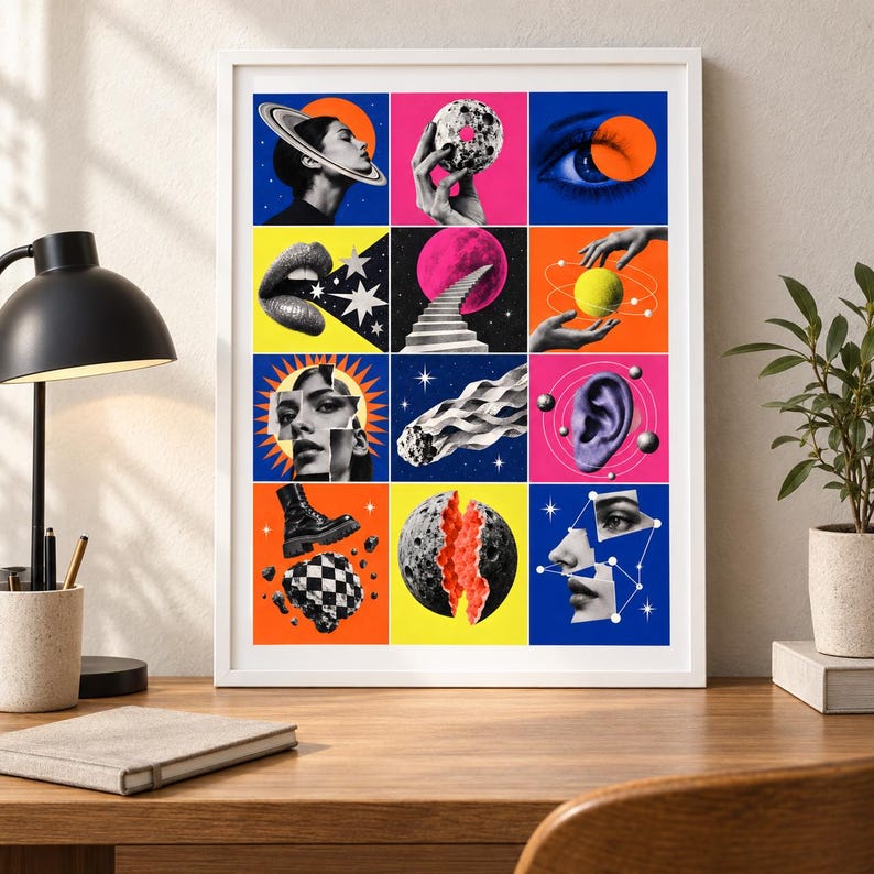 K&ouml;nnte beinhalten: Ein gerahmter Collage-Kunstdruck mit einem Raster aus zw&ouml;lf surrealistischen Feldern. Die Bilder zeigen Himmelsk&ouml;rper, menschliche Gesichtsz&uuml;ge, H&auml;nde, eine Treppe, einen Stiefel und geometrische Muster in leuchtenden Blau-, Gelb-, Pink- und Oranget&ouml;nen.