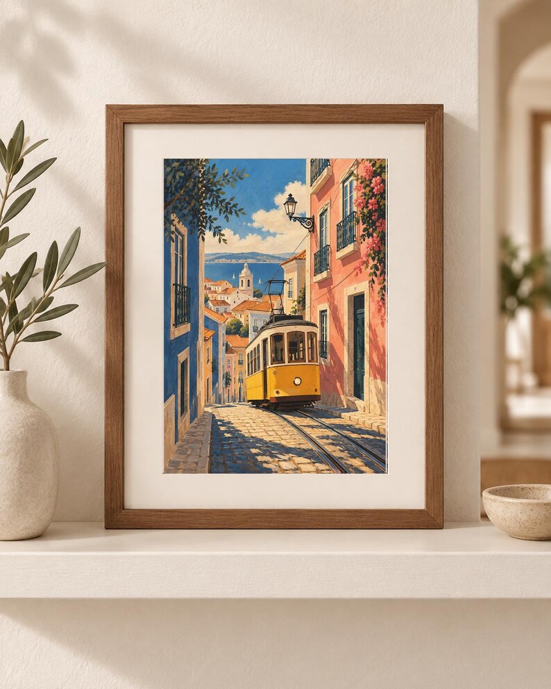 K&ouml;nnte beinhalten: Ein gerahmter Kunstdruck, der eine gelbe Stra&szlig;enbahn auf einer gepflasterten Stra&szlig;e zwischen blauen und rosafarbenen Geb&auml;uden zeigt. Die Szene umfasst einen Blick auf das Meer in der Ferne unter einem klaren blauen Himmel mit gr&uuml;nem Blattwerk.