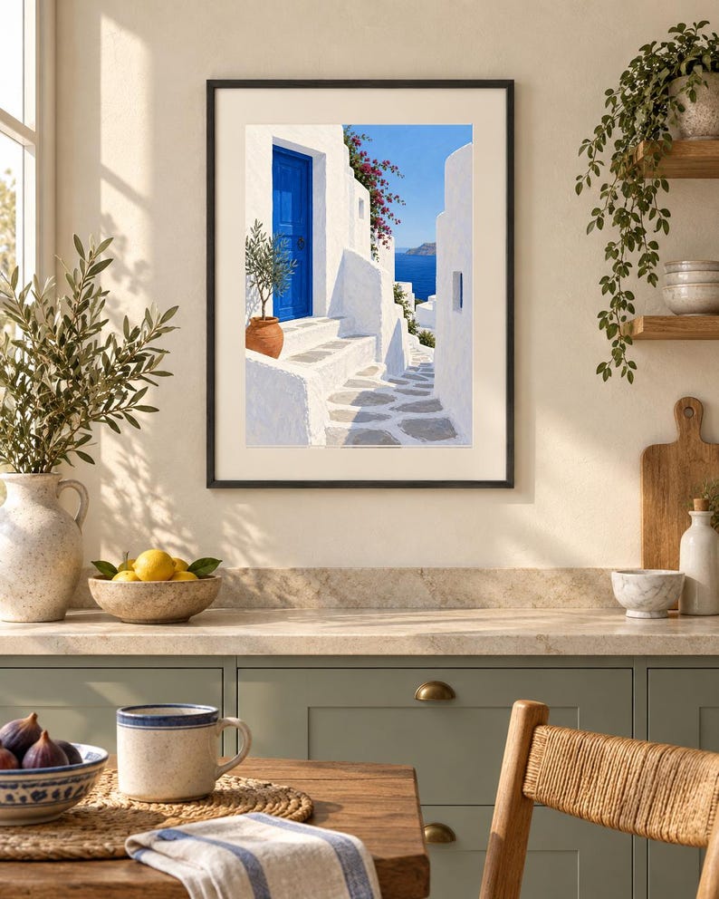 Puede incluir: Una l&aacute;mina de arte enmarcada que representa una escena mediterr&aacute;nea con edificios de piedra blanca, una puerta azul brillante, una maceta de terracota con un &aacute;rbol peque&ntilde;o, flores rosas y vistas al mar azul bajo un cielo despejado.