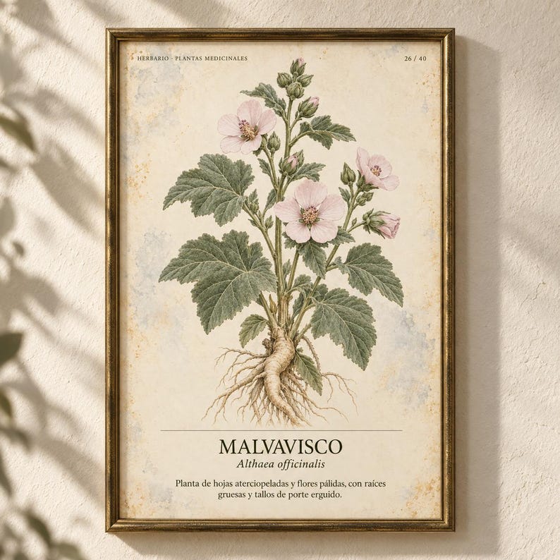 Pode incluir: Uma impress&atilde;o bot&acirc;nica emoldurada com uma ilustra&ccedil;&atilde;o detalhada de uma planta Malvavisco com flores rosa p&aacute;lido, folhas verdes e ra&iacute;zes vis&iacute;veis. O texto diz HERBARIO PLANTAS MEDICINALES 26/40, MALVAVISCO, Althaea officinalis e uma descri&ccedil;&atilde;o.