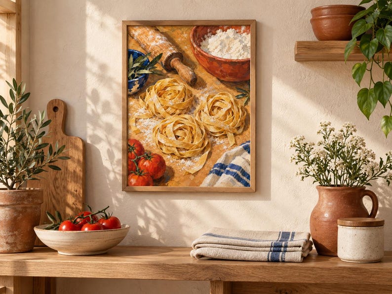 May include: A framed wall art print depicting a kitchen scene with three nests of fresh pasta, a wooden rolling pin, a bowl of white flour, red tomatoes, and a blue and white striped kitchen towel on a wooden surface with a warm light.