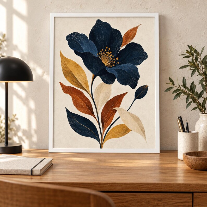 May include: A framed wall art print featuring a large, dark navy blue flower with a yellow centre, surrounded by elongated leaves in shades of mustard yellow, burnt orange, cream, and navy blue, set against a light beige background.