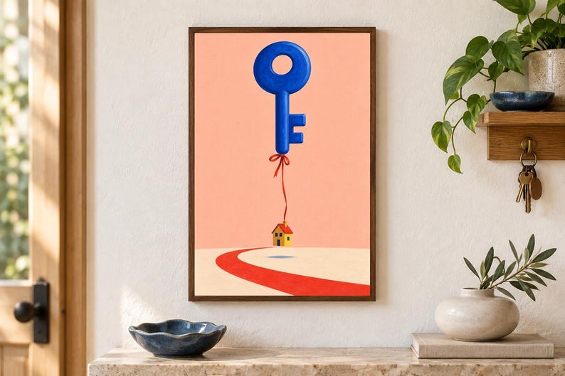 May include: A framed wall art print featuring a large blue key floating in a peach-colored sky, tethered by a thin red ribbon to a small yellow house with a red roof that hovers above a curved red path on a light beige ground.