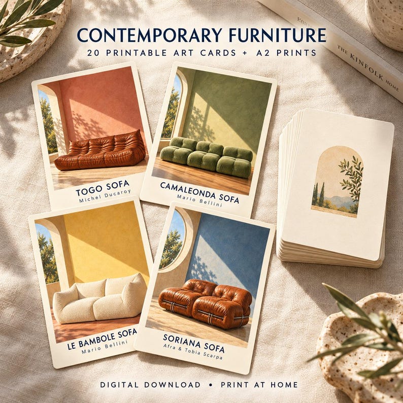 May include: A set of 20 printable art cards and A2 prints titled CONTEMPORARY FURNITURE. The cards feature images of iconic sofas including the Togo, Camaleonda, Le Bambole, and Soriana, with text identifying each designer and model name.