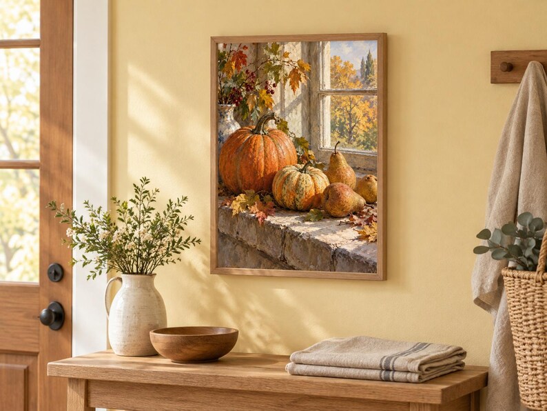 May include: A framed wall art print depicting a still life scene of a large orange pumpkin, a smaller striped pumpkin, and two pears resting on a stone ledge. The background shows a window view of autumn trees with golden foliage and sunlight.