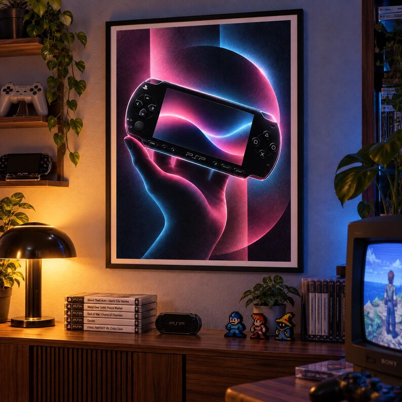 May include: A framed wall art print featuring a black handheld gaming console held by a hand, illuminated by vibrant neon pink and blue light trails against a dark background. The artwork displays a stylized aesthetic with glowing circular light effects.