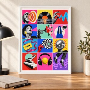 K&ouml;nnte beinhalten: Ein gerahmter Collage-Druck mit zw&ouml;lf bunten Quadraten und surrealen Motiven, darunter eine Schallplatte, eine Kassette, ein Discokugel-Kopf, eine Zitrone mit Kopfh&ouml;rern, Klaviertasten, eine Trompete mit Blumen und ein Metronom.