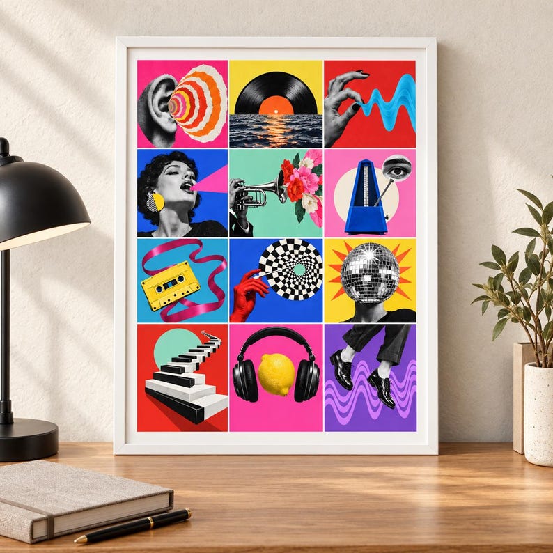 K&ouml;nnte beinhalten: Ein gerahmter Collage-Druck mit zw&ouml;lf bunten Quadraten und surrealen Motiven, darunter eine Schallplatte, eine Kassette, ein Discokugel-Kopf, eine Zitrone mit Kopfh&ouml;rern, Klaviertasten, eine Trompete mit Blumen und ein Metronom.