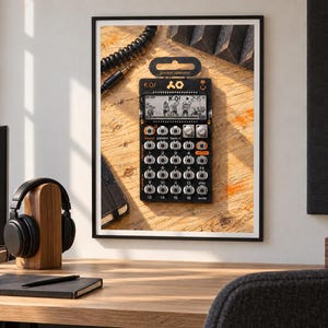 Op de afbeelding: Een zwarte Teenage Engineering PO-33 K.O. pocket operator synthesizer met een monochroom LCD-scherm dat de tekst K.O. weergeeft, zestien genummerde ronde knoppen, twee zilveren draaiknoppen en een ophanglipje, gepresenteerd in een lijst.
