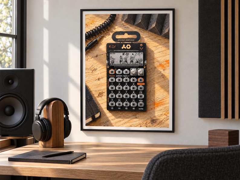 Op de afbeelding: Een zwarte Teenage Engineering PO-33 K.O. pocket operator synthesizer met een monochroom LCD-scherm dat de tekst K.O. weergeeft, zestien genummerde ronde knoppen, twee zilveren draaiknoppen en een ophanglipje, gepresenteerd in een lijst.