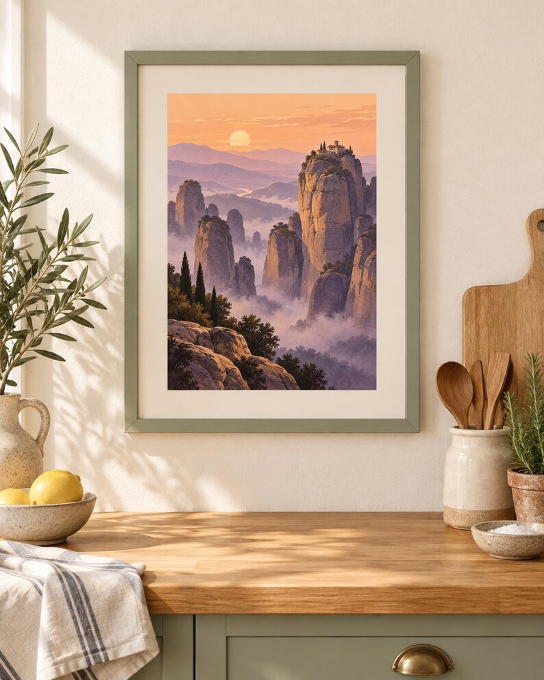 Pu&ograve; includere: Una stampa d'arte incorniciata raffigurante un'illustrazione paesaggistica di alti pilastri rocciosi che si ergono sopra una valle nebbiosa al tramonto. La scena include un piccolo edificio in cima a una scogliera, cipressi e un cielo arancione.