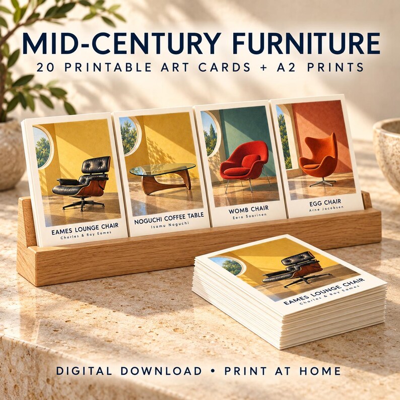 K&ouml;nnte beinhalten: Ein Set aus 20 druckbaren Kunstkarten und A2-Drucken mit dem Titel MID-CENTURY FURNITURE, die Illustrationen eines Eames Lounge Chair, Noguchi Coffee Table, Womb Chair und Egg Chair zeigen. Die Karten stehen in einem Holzst&auml;nder.