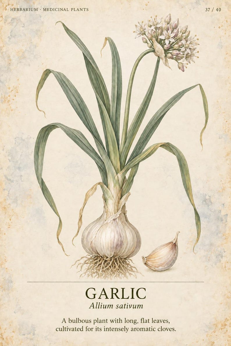 May include: A botanical illustration of a garlic plant with a bulb, roots, long green leaves, and a white flower cluster. Text reads: HERBARIUM MEDICINAL PLANTS 37 / 40, GARLIC, Allium sativum, and a description of the plant as a bulbous plant.