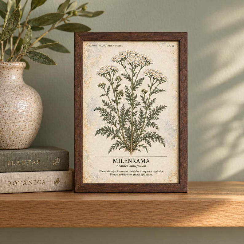 Puede incluir: Un marco rectangular de madera oscura que contiene una l&aacute;mina bot&aacute;nica de una planta Milenrama con flores blancas y hojas verdes. La l&aacute;mina presenta el texto "MILENRAMA", "Achillea millefolium" y una descripci&oacute;n en espa&ntilde;ol sobre un fondo crema.
