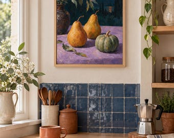 Copper Pears at Dusk Wall Art, Autumn Still Life Painting, A3 Printable Digital Download