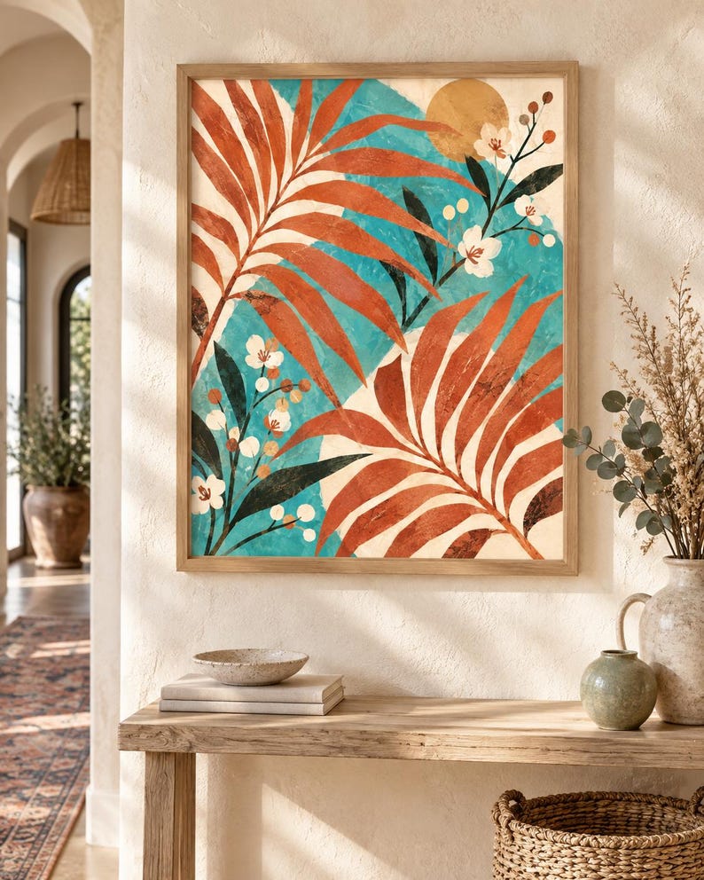 May include: A square wall art print in a light wood frame featuring a botanical illustration with large rust-colored palm leaves, white flowers, and dark green foliage set against a bright turquoise background with a golden circular sun element.