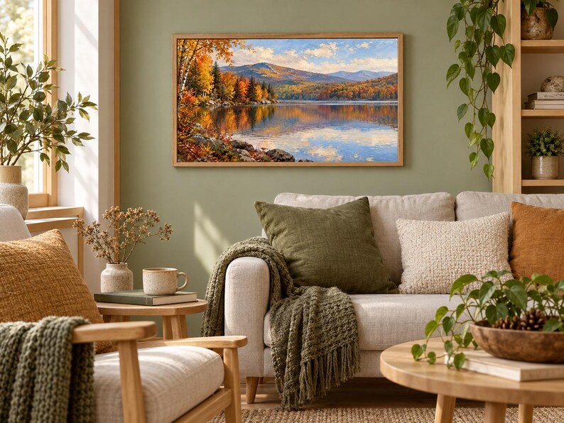 Pode incluir: Uma pintura de paisagem retangular numa moldura de madeira clara representando um lago calmo rodeado por &aacute;rvores de outono com folhagem laranja, amarela e vermelha vibrante sob um c&eacute;u azul com nuvens brancas, montada numa parede verde s&aacute;lvia.