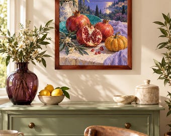 Pomegranate Evening Wall Art, Autumn Still Life Painting, A3 Printable Digital Download