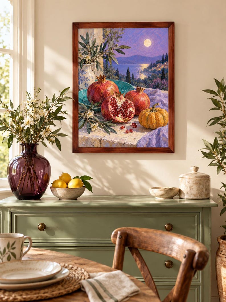 Op de afbeelding: Een ingelijst olieverfschilderij met een mediterraan landschap bij nacht en een volle maan boven de zee. Op de voorgrond staan granaatappels, een pompoen en een witte kan op een stenen richel, weergegeven met levendige, textuurrijke penseelstreken.