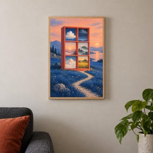 May include: A rectangular orange frame stands in a blue field, containing six distinct landscape scenes. Each section displays different weather and terrain, including clouds, rain, mountains, and a sunset, all set against a vibrant orange sky.