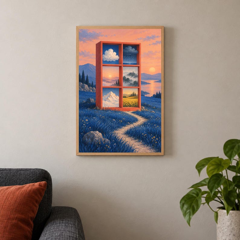 May include: A rectangular orange frame stands in a blue field, containing six distinct landscape scenes. Each section displays different weather and terrain, including clouds, rain, mountains, and a sunset, all set against a vibrant orange sky.