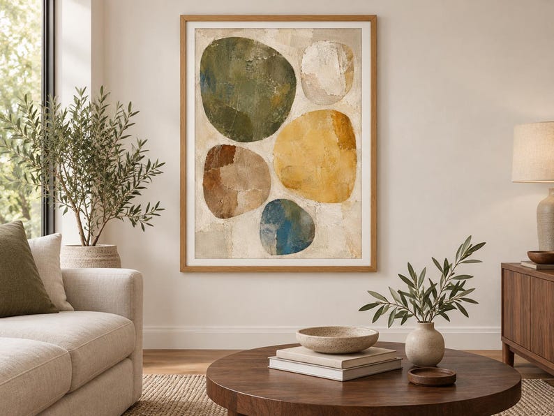 May include: A framed wall art print featuring five large, organic, pebble-shaped forms in shades of olive green, mustard yellow, brown, blue, and off-white. The artwork has a textured, layered appearance with visible brushstrokes on a neutral background.