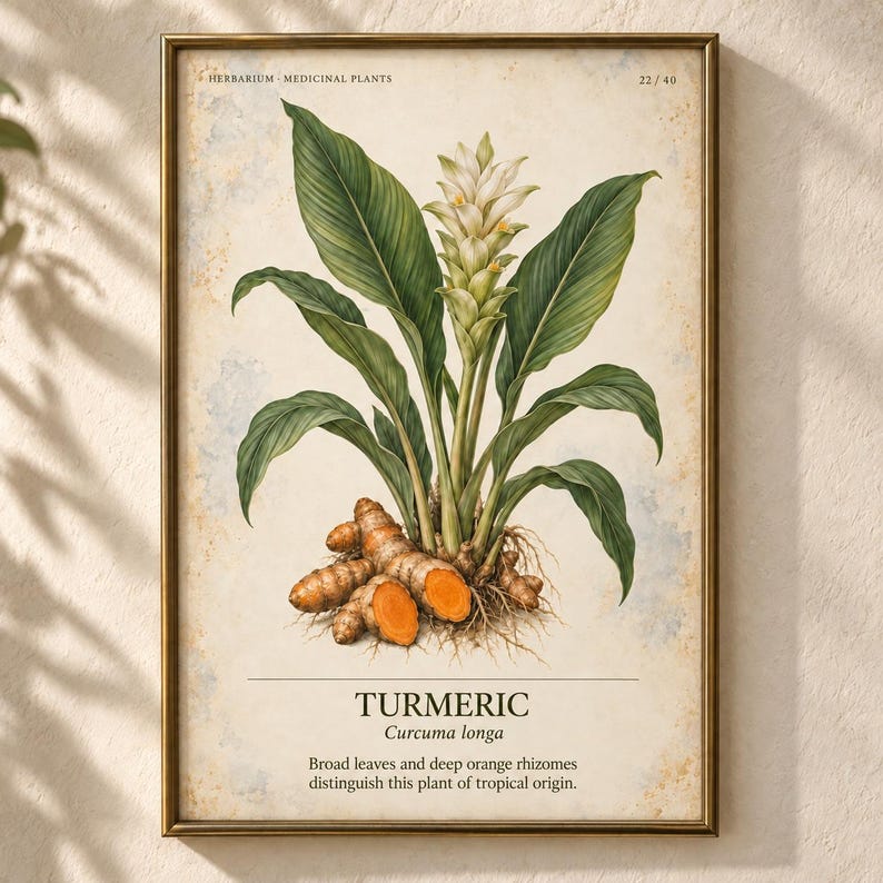 K&ouml;nnte beinhalten: Ein gerahmter botanischer Druck einer Kurkuma-Pflanze mit gr&uuml;nen Bl&auml;ttern, einer wei&szlig;en Bl&uuml;te und orangefarbenen Rhizomen. Der Text lautet: HERBARIUM MEDICINAL PLANTS 22/40, TURMERIC Curcuma longa, sowie eine Beschreibung der Pflanze.