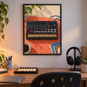 Puede incluir: Una impresi&oacute;n de arte mural enmarcada que representa un sintetizador Korg Volca negro sobre una superficie naranja. El sintetizador cuenta con una peque&ntilde;a pantalla digital que muestra 120, perillas, un teclado t&aacute;ctil y un cable azul conectado.