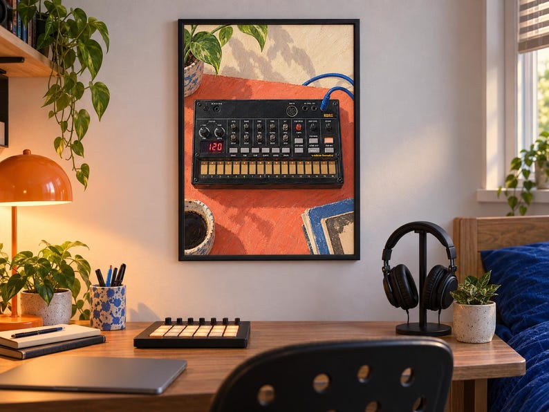 Puede incluir: Una impresi&oacute;n de arte mural enmarcada que representa un sintetizador Korg Volca negro sobre una superficie naranja. El sintetizador cuenta con una peque&ntilde;a pantalla digital que muestra 120, perillas, un teclado t&aacute;ctil y un cable azul conectado.