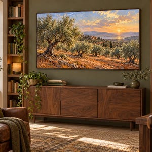 May include: A large rectangular television screen displaying a vibrant landscape painting of an olive grove at sunset, mounted on a dark olive green wall above a long, low-profile walnut wood media console with three cabinet doors and tapered legs.