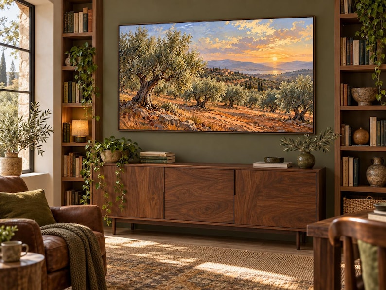 May include: A large rectangular television screen displaying a vibrant landscape painting of an olive grove at sunset, mounted on a dark olive green wall above a long, low-profile walnut wood media console with three cabinet doors and tapered legs.