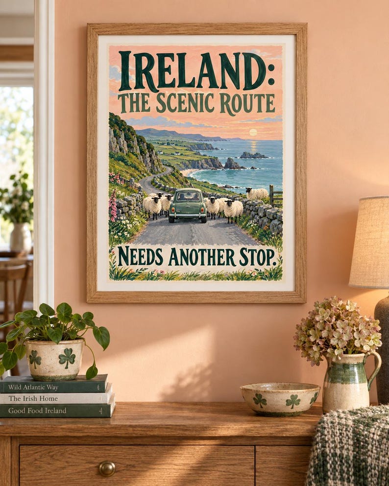 Puede incluir: Una l&aacute;mina art&iacute;stica enmarcada con una ilustraci&oacute;n paisaj&iacute;stica de la costa irlandesa, un coche verde en una carretera y ovejas. El texto dice IRELAND: THE SCENIC ROUTE y NEEDS ANOTHER STOP en letras de color verde oscuro sobre un cielo melocot&oacute;n.