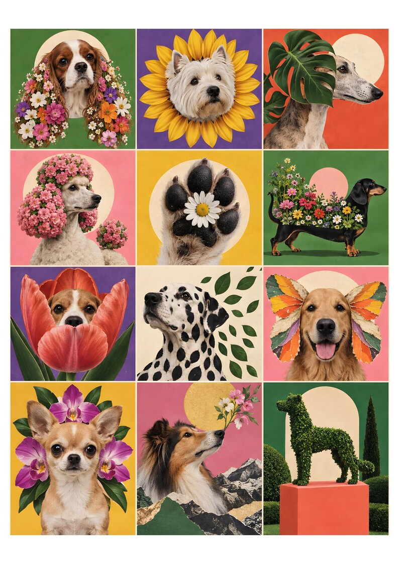 May include: A grid of twelve artistic panels featuring various dog breeds integrated with floral and botanical elements. The images include a spaniel with flowers, a terrier in a sunflower, a greyhound with leaves, a poodle, a paw, a dachshund, a beagle in a tulip, a dalmatian, a golden retriever with butterfly wings, a chihuahua, a collie, and a topiary dog.