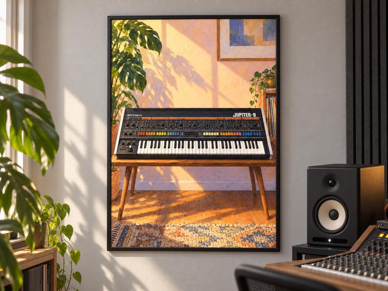 Op de afbeelding: Een ingelijste wandkunstprint met een Roland Jupiter-8 synthesizer op een houten tafel. De synthesizer heeft een zwart bedieningspaneel met kleurrijke knoppen, schuifregelaars en een wit toetsenbord, verlicht door warm, goudkleurig zonlicht.